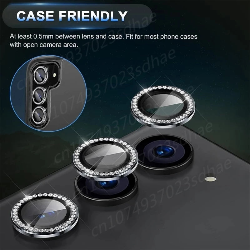 Bling 3D Diamond Metal Camera Ring Protector For Samsung Galaxy A55 A35 A54 A34 A15 5G Alloy Lens HD Tempered Glass Protect Cap