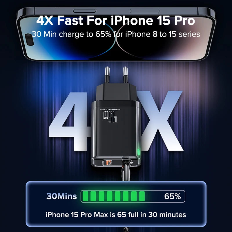 QOOVI GaN 45W USB Charger Fast Charging USB Type C Wall Charger PD QC3.0 Quick Charge For iPhone Samsung S23 S21 Laptop Tablet