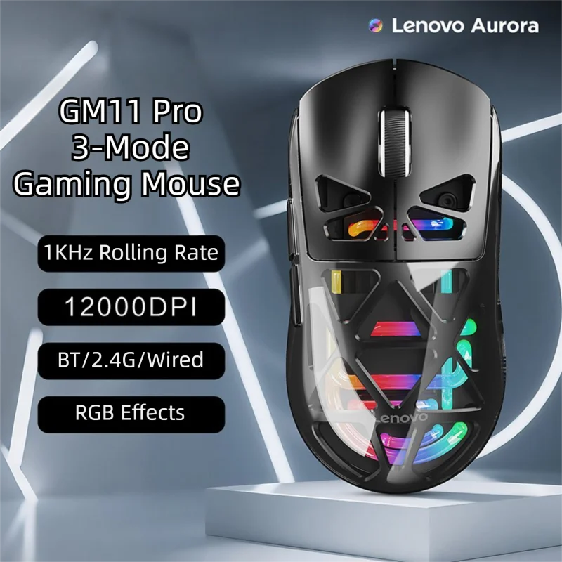 Lenovo Aurora Gaming Mouse GM11 Pro RGB 3-mode 2.4G Wireless Bluetooth 12000 DPI Adjustable Lightweight Portable Rechargeable