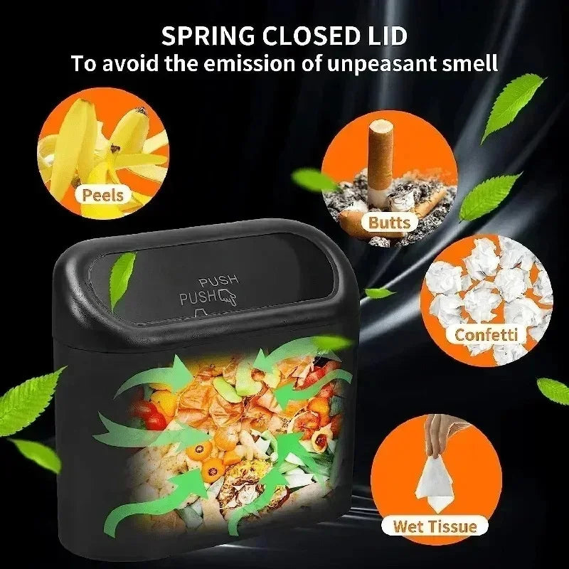 Leakproof Mini Car Trash Can With Lid Vehicle Interior Accessory Comes With 10 Rolls 150Pcs Black Garbage Bags