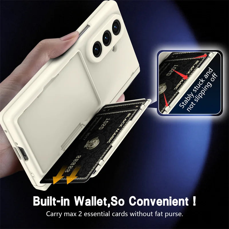 Hinge Wallet Card Slot Bracket Phone Case For Samsung Galaxy Z Fold 8Ultra 7 6 5 With Screen Glass Protect Film S Pen Slot Cover