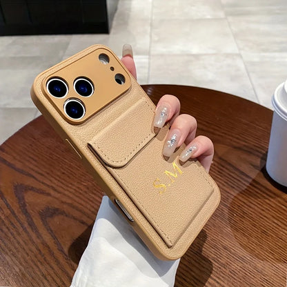 Custom Initials Name Letter Card Bag Leather Case For iPhone 17 16 15 14 13 12 11 Pro Max Air Card Slot Holder Shockproof Cover