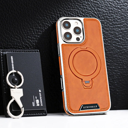 360 Rotating Bracket Luxury Magnetic Stand Ring Leather Case For iPhone 16 Pro Max 15 14 13 12 Magsafe Wireless Charging Cover