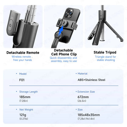 Selfie Stick Tripod with Detachable Bluetooth Remote, 360° Rotation,Extendable Pole, Fill Light Option, for iPhone Android Phone