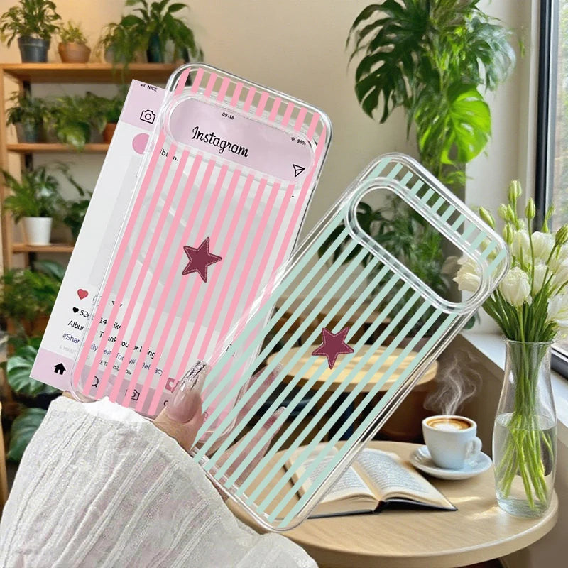Simple Cute Pink Blue Plaid Star Phone Case for Google Pixel 10 Pro XL 9 8A 9 8 Pro 7 6A 5G INS Stripes Design Clear TPU Cover