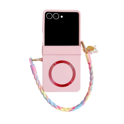 Skin Feeling Wireless Magnetic Lanyard Phone Case For Samsung Galaxy Z Flip 3 4 5 6 7 8 Macaron Gradient Cord PC Hard Shell