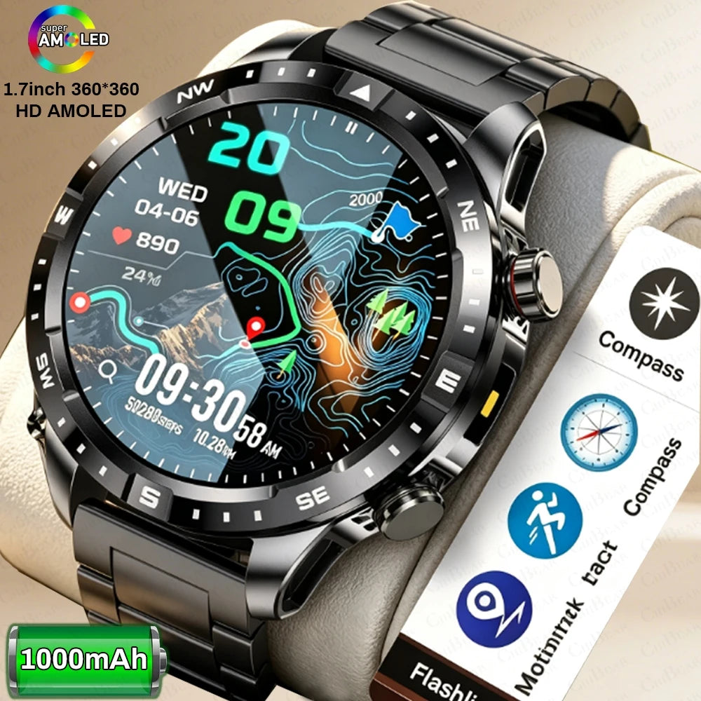 2026 New Military 1000mAh Battery Smart Watch 1.7-inch HD Large Screen LED Flashlight Sport Mode Bluetooth Call Smartwatch Men