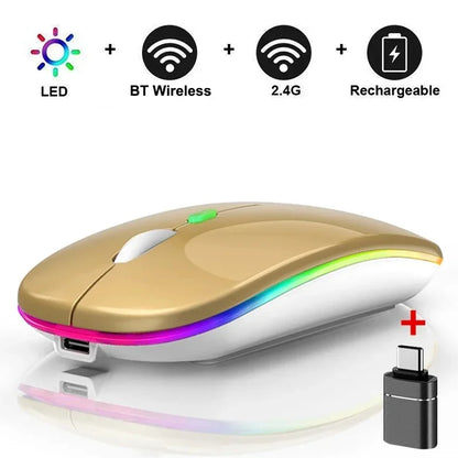 Rechargeable Bluetooth-compatible Wireless Mouse with 2.4G USB RGB Mouse for Computer Laptop Tablet PC Macbook Gaming Mouse Game