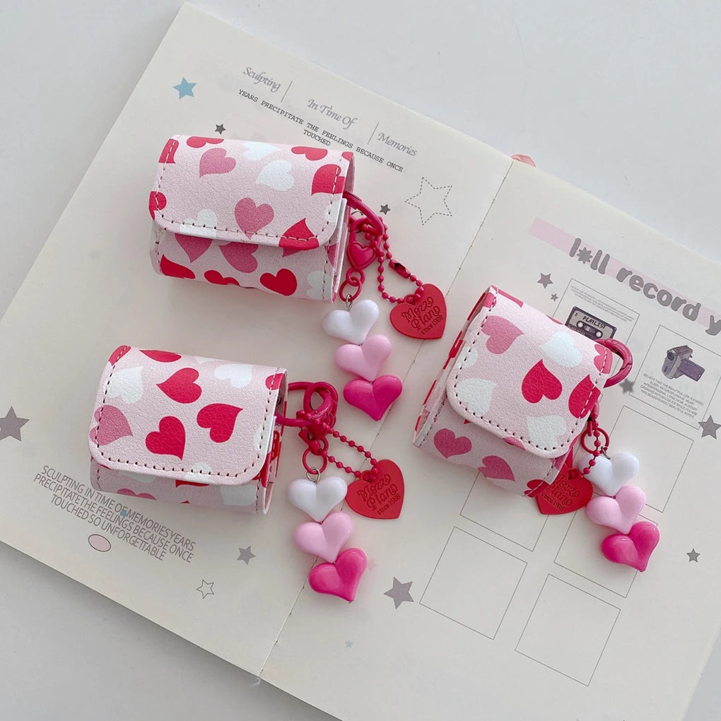 Y2K Sweet Girly Pink Gradient Love Heart Flip Faux Leather With Pendant Earphone Cover Case for AirPods 1 or 2 3 4 5 Pro 2 Pro 3
