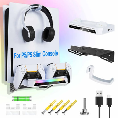 Wall Mount Kit For PS5/ Pro/ Slim Console with RGB Light Charging Station Headset Hanger For PS5 Dual Controller Accessories