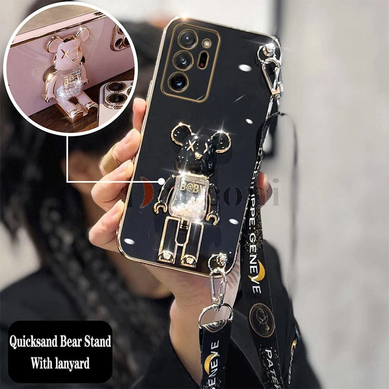 Cartoon Bear Lanyard Plating Phone Stereoscopic Holder Case For Samsung Galaxy Note 20 Ultra Note 10 Lite 8 9 M30S M42 M54 Cover