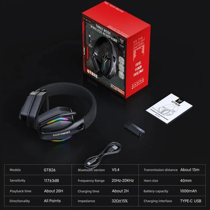 ONIKUMA GT826 Wireless Headset Gaming Headphone Tri Mode Connection Bluetooth USB C 2.4G Low Latency RGB Stereo Sound For PS5 PC