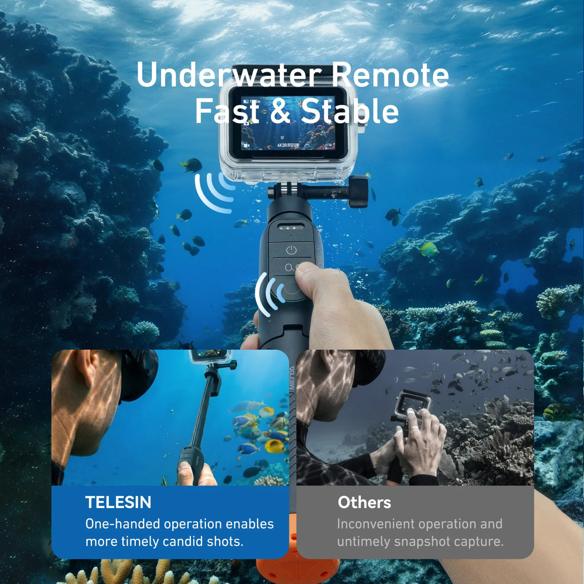 TELESIN Waterproof Bluetooth Floating Selfie Stick Tripod for DJI Osmo Action 6 5 Pro 4 15M Diving Stick 3-in-1 Hand Grip Tripod