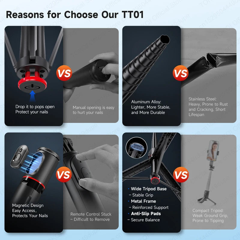 TOKQI TT01 Auto Pop Up Selfie Stick Tripod  Hidden Phone Clip Expandable 52.36" for Mobile Phone with Bluetooth Magnetic Remote