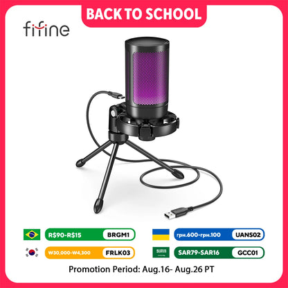 AmpliGame by FIFINE RGB USB Gaming Microphone with Light-touch Mute,Condenser Mic with Tripod for PC,PS4/5,Laptop Streaming-A2