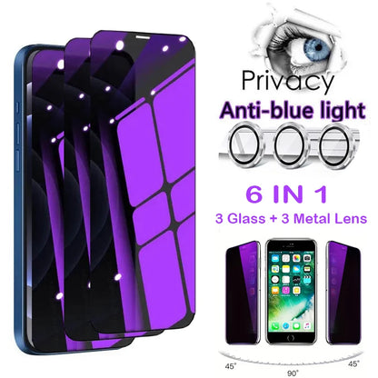 [3 Anti-Spy Glass +3 Lens Caps] Purple Ray Privacy Screen Protector For iPhone 17 16 15 14 Plus 13 12 Mini 11 Pro Max 16e Film