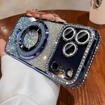 Transparent Diamond Glitter Magnetic Phone Case with Coating，Applicable iPhone 17 16 13 14 15 Pro Max Lens protection bracket ba