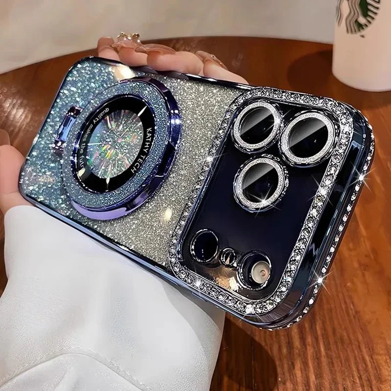 Transparent Diamond Glitter Magnetic Phone Case with Coating，Applicable iPhone 17 16 13 14 15 Pro Max Lens protection bracket ba