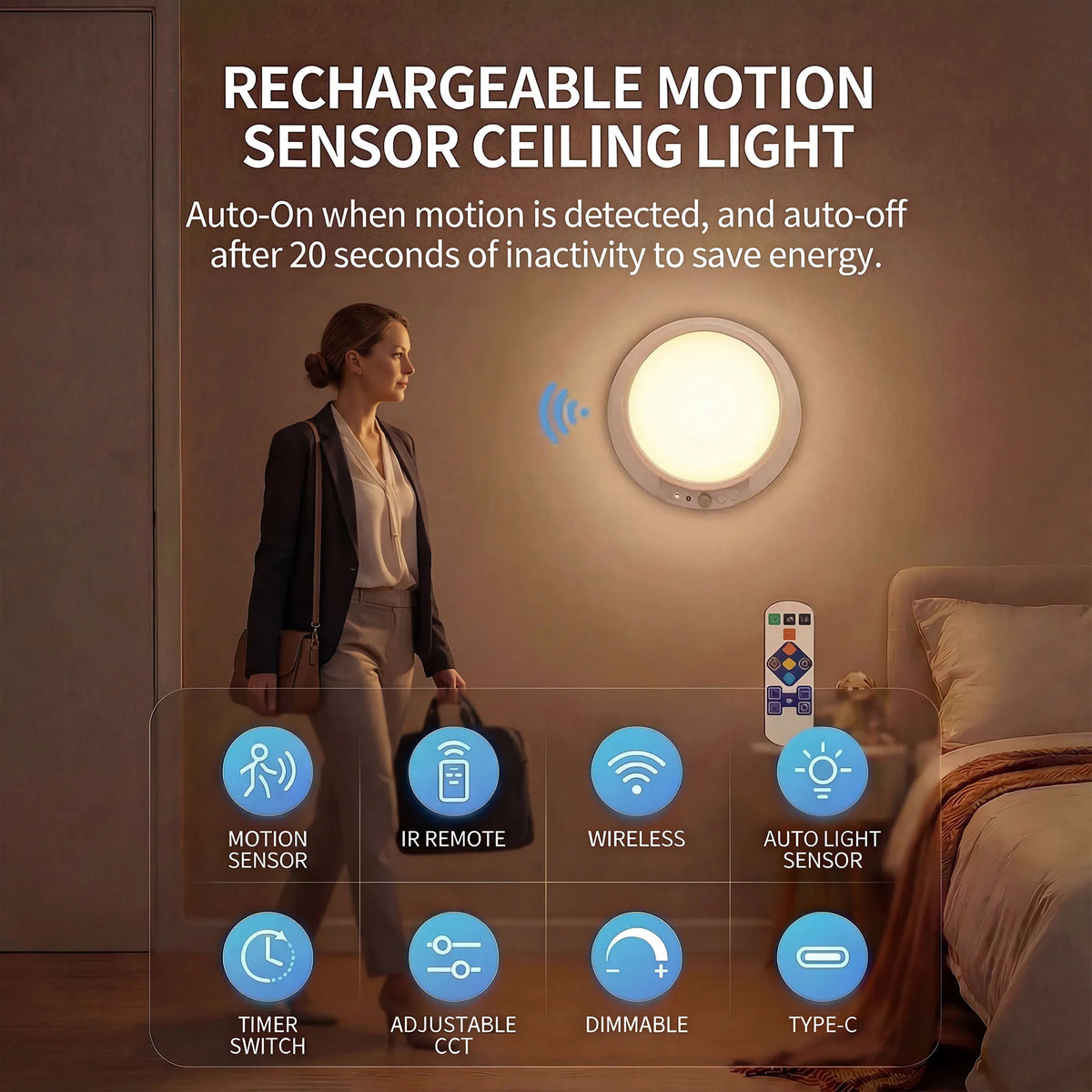 Motion Sensor Ceiling Light USB Type-C Rechargeable Magnetic Lamp Wireless Wall Lamp Remote LED Night Light For Kitchen Coatroom