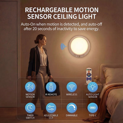 Motion Sensor Ceiling Light USB Type-C Rechargeable Magnetic Lamp Wireless Wall Lamp Remote LED Night Light For Kitchen Coatroom