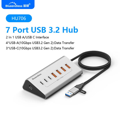 Blueendless Aluminium USB3.2 Gen2 10Gbps 7Ports 10 Ports USB-C Hub 7 in 1 10 in 1 USB-A Splitter Adapter for Laptop macbook