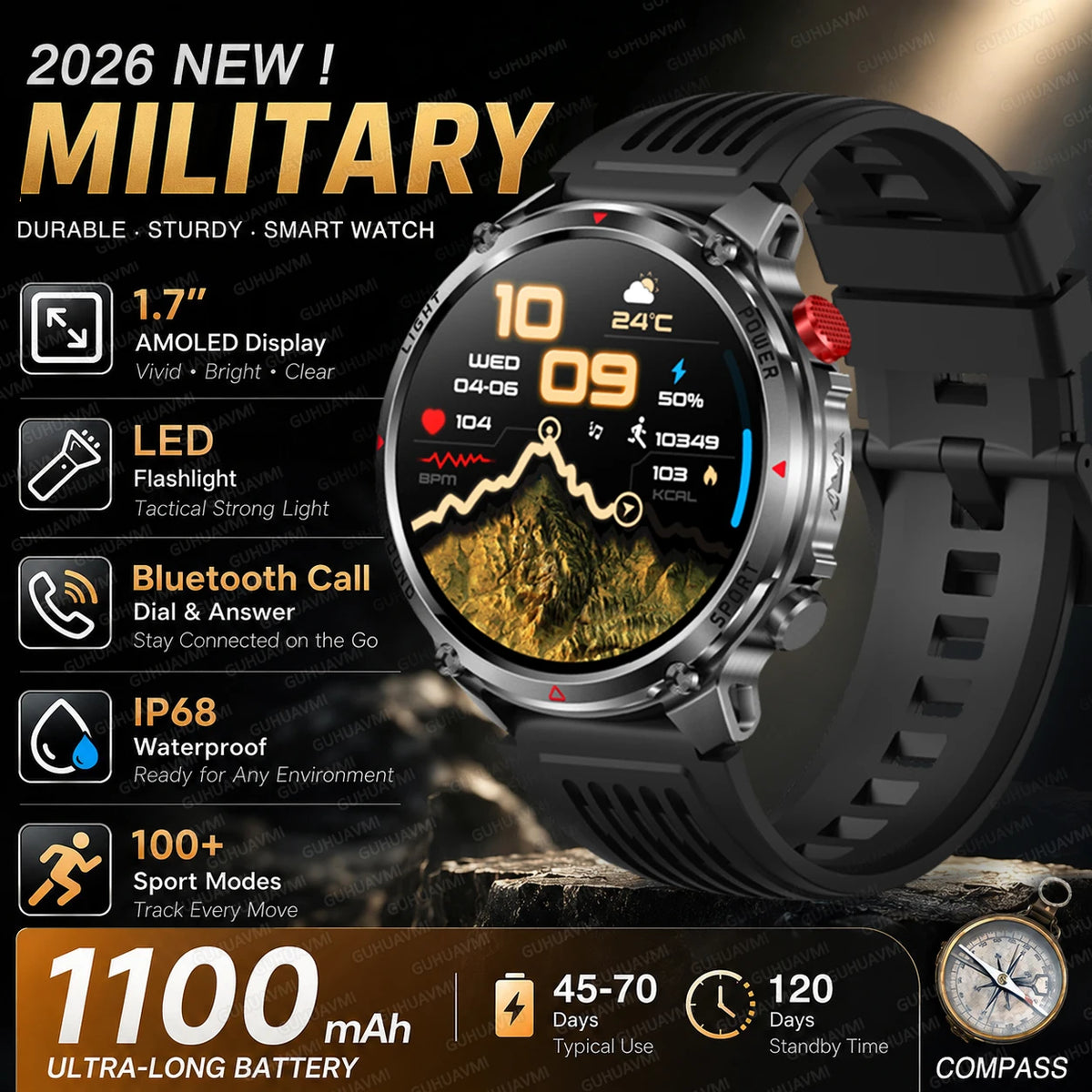 New Men Outdoor Military 1100mAh Large Battery Smart Watch Compass GPS Track IP68 Waterproof LED Flashlight BT Call Smartwatch