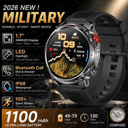 New Men Outdoor Military 1100mAh Large Battery Smart Watch Compass GPS Track IP68 Waterproof LED Flashlight BT Call Smartwatch