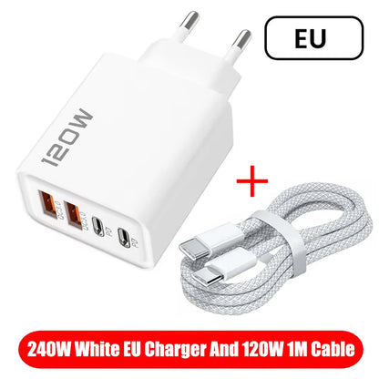 120W 4 Ports USB Charger Fast Charge Phone Charger Adapter Type C Cable For iPhone Samsung Xiaomi EU/US/UK Plug Wall Charger