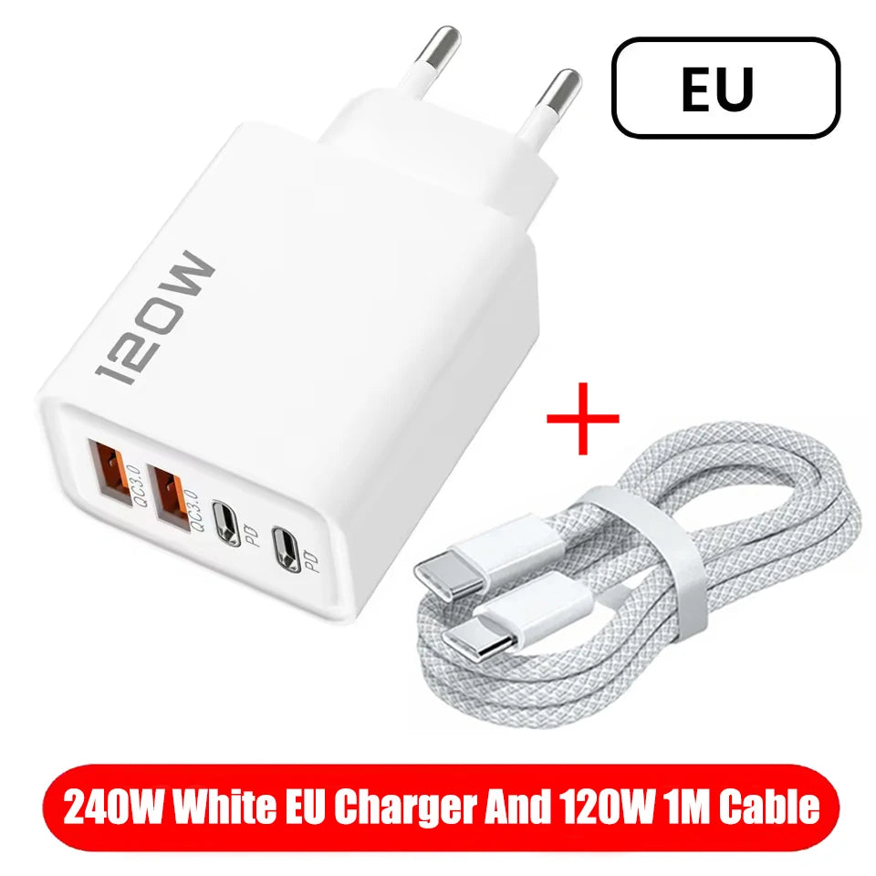 120W 4 Ports USB Charger Fast Charge Phone Charger Adapter Type C Cable For iPhone Samsung Xiaomi EU/US/UK Plug Wall Charger
