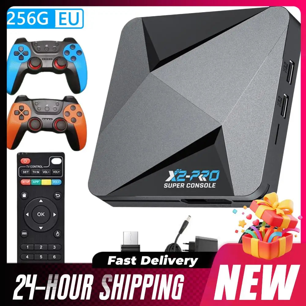（EU）New X2 PRO Retro Game Console 64/128/256GB 4K TV Box Built-in 65000+ Games with 2 Gamepads Wireless Controllers Arcade