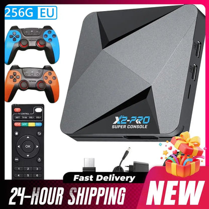 （EU）New X2 PRO Retro Game Console 64/128/256GB 4K TV Box Built-in 65000+ Games with 2 Gamepads Wireless Controllers Arcade