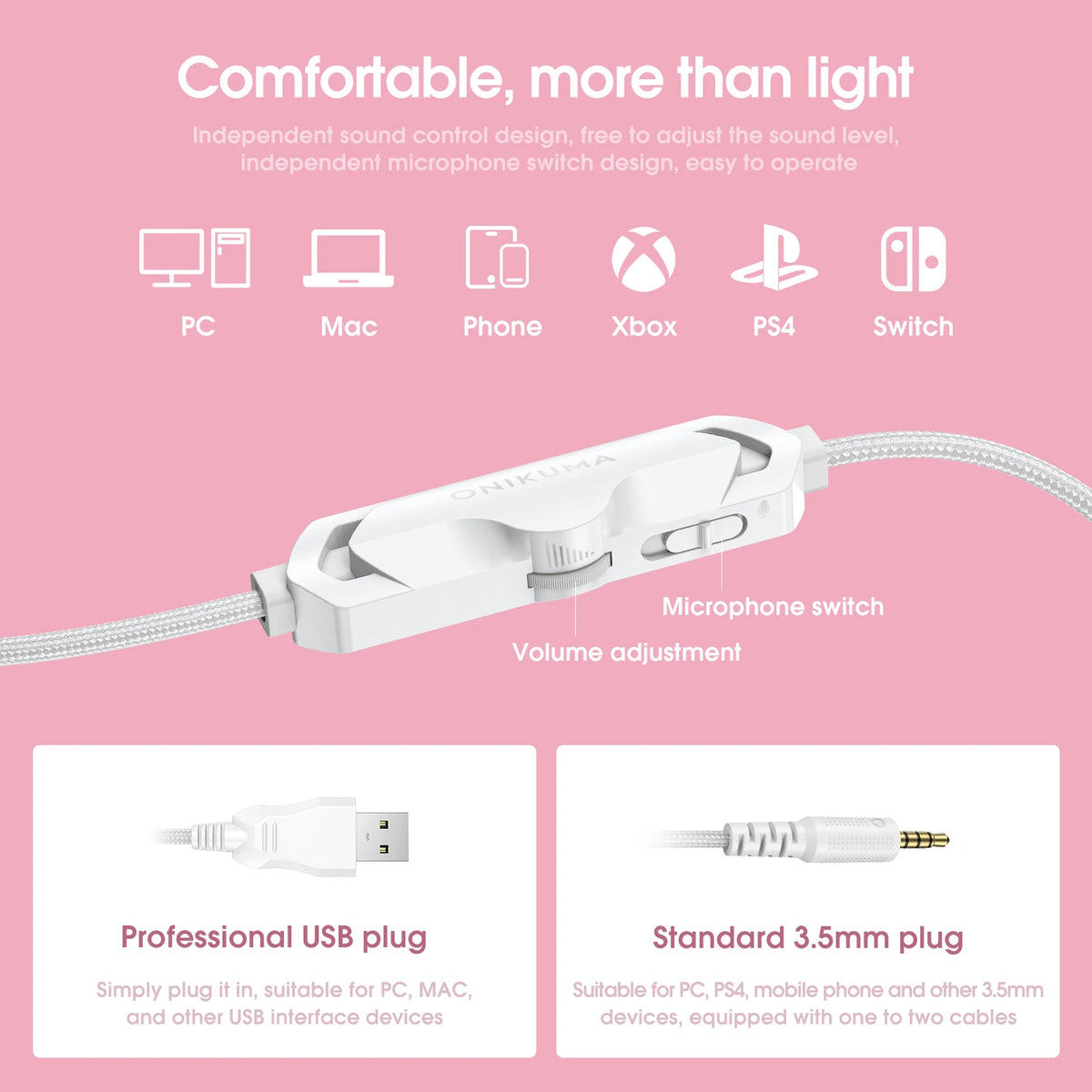 Onikuma Professional Gaming Headset With RGB Light Headphones Cat Ears Pink Portable Earphones With Noise Cancelling Microphone