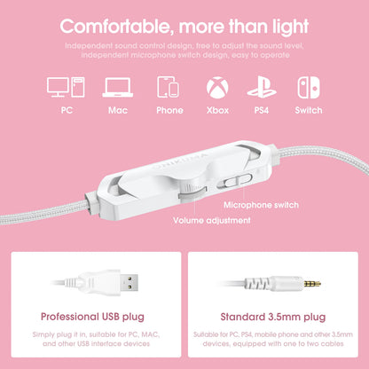 Onikuma Professional Gaming Headset With RGB Light Headphones Cat Ears Pink Portable Earphones With Noise Cancelling Microphone