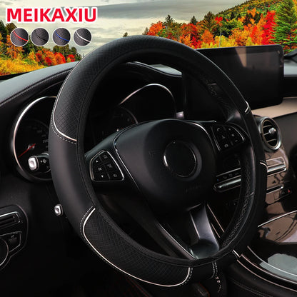 A Leather Embossed Red Blue Strip Trim Car Without Inner Ring Steering Wheel Cover Fits 14.5-15" 37-38cm Car Interior Supplies
