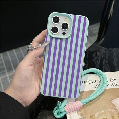 Couple Stripes Hand Wrist Strap Phone Case For iPhone 17 13 11 12 Pro Max Plus 15 14 16 XR XS 17 Air With Lanyard SIlicone Cover