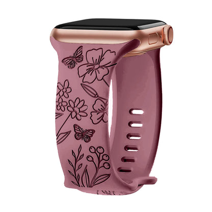 Floral Engraved Strap For Apple Watch Band 41mm 44mm 40mm 49mm 46mm 45 38 42 silicone bracelet iwatch series se 7 8 9 ultra 2 10
