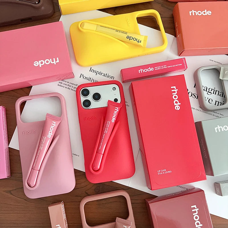 With Box Lipstick Rhod Phone Case for iPhone 16 17 Air 15 14 13 12 11 Pro Max Plus Makeup Lip Gloss Holder Silicone Back Cover