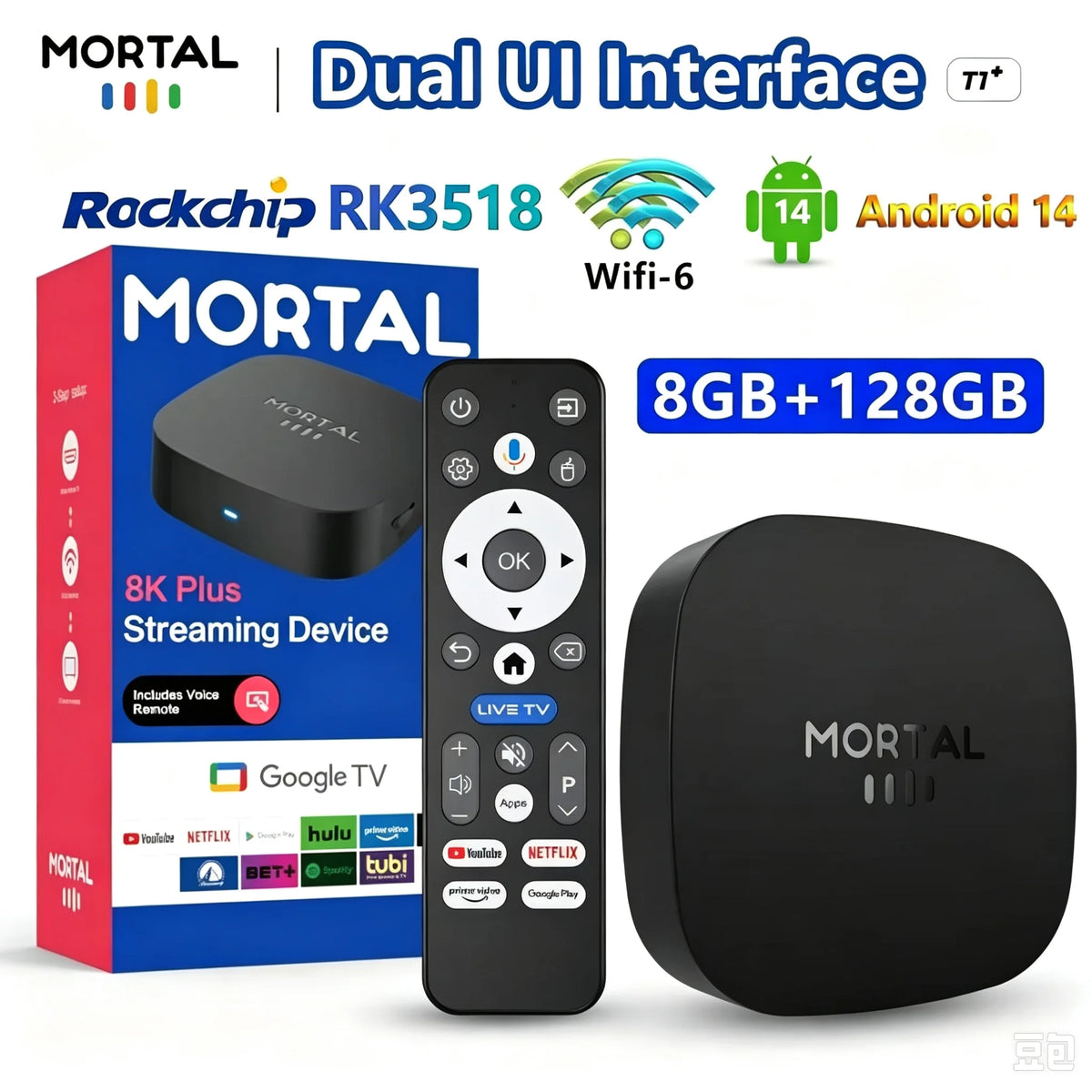 T1+RK3518 Rockchip Smart TV Box BT5.4 Android 14.0 ROM 128GB RAM 8GB Wifi6 8K Voice Assistant Media Player TV Box Smart TV 2026