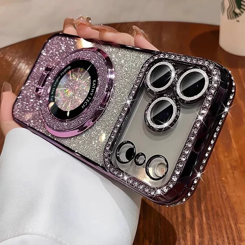 Transparent Diamond Glitter Magnetic Phone Case with Coating，Applicable iPhone 17 16 13 14 15 Pro Max Lens protection bracket ba