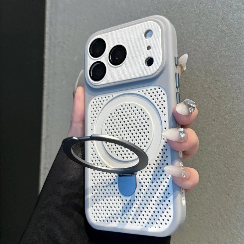 Luxury Dissipation With Holder Heat Phone Case For iPhone 17 Pro Max 12 13 14 15 16 Plus Magnetic Stand Matte Bumper Back Cover