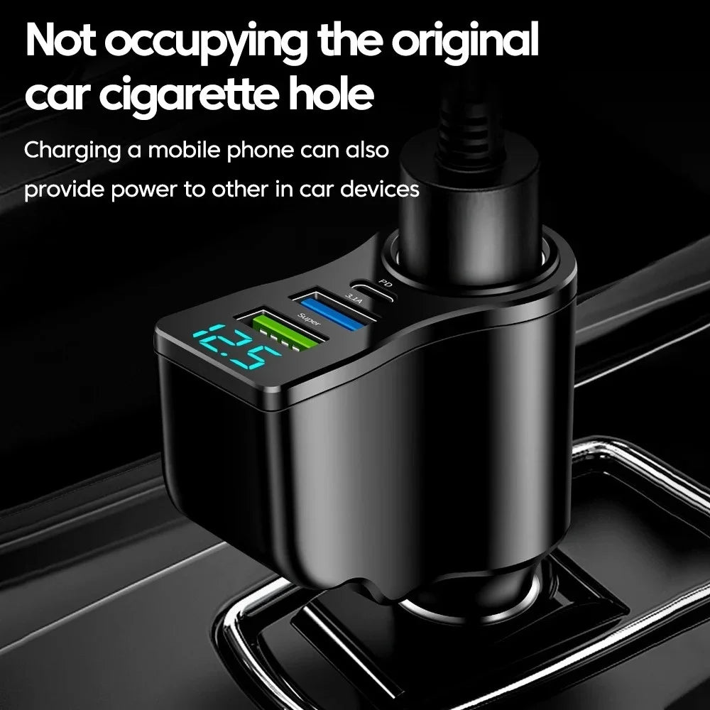New digital display car fast charging dual USB car charger car one to three cigarette lighter 66W car multifunctional charger