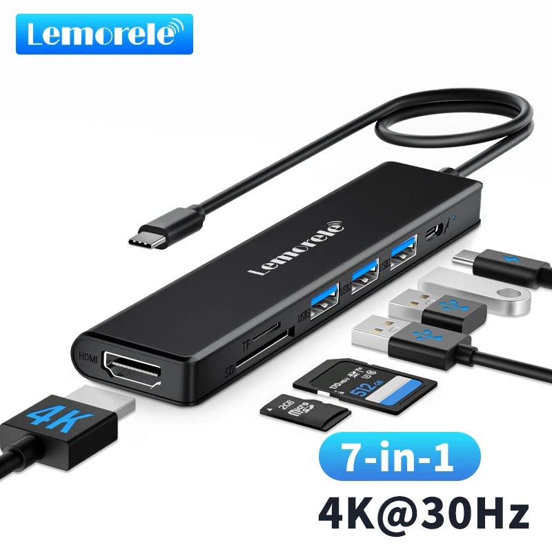Lemorele TC70 7in1 USB C HUB Type C 3.0 Docking Station HDMI 4K@30Hz 100W PD SD/TF Slot Fast Transfer for Laptop Macbook Windows