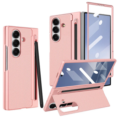Hard PC Back Cover Phone Case for Galaxy Z Fold 7/6 with Touch Pen Included Kickstand Holder Phone Case with Screen Glass Film