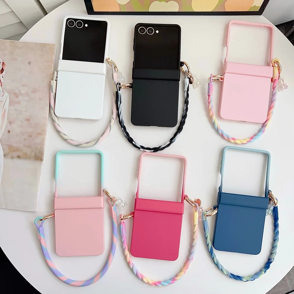 Skin Feeling Wireless Magnetic Lanyard Phone Case For Samsung Galaxy Z Flip 3 4 5 6 7 8 Macaron Gradient Cord PC Hard Shell