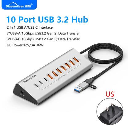 Blueendless Aluminium USB3.2 Gen2 10Gbps 7Ports 10 Ports USB-C Hub 7 in 1 10 in 1 USB-A Splitter Adapter for Laptop macbook