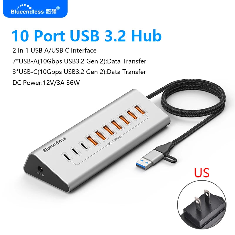 Blueendless Aluminium USB3.2 Gen2 10Gbps 7Ports 10 Ports USB-C Hub 7 in 1 10 in 1 USB-A Splitter Adapter for Laptop macbook