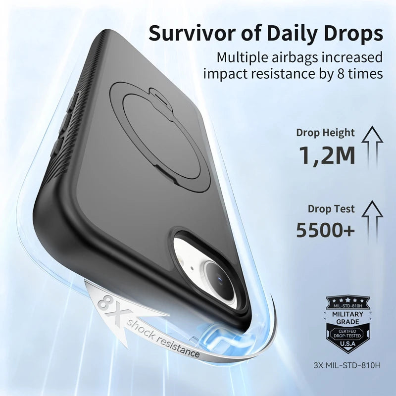 For iPhone 17E 16E Case ELVEV Magnetic Matte Hard PC+Soft TPU with Rotating Ring Bracket Protection Phone Cover