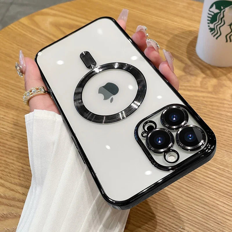 Magnetic Plating Case For iPhone 15 16 14 17 13 12 18 Pro Max Air Camera Lens Protector Glass For Magsafe Wireless Charger Cover