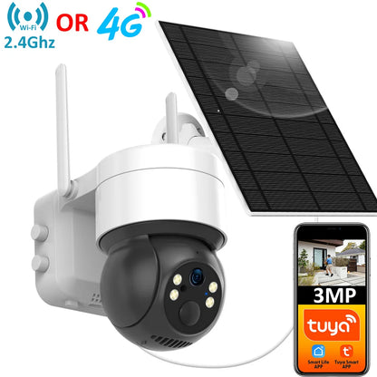 Tuya SmartLife WiFi/4G Sim Card 3MP WiFi Battery Solar Motion Tracking Human Detect Color Night Vision Outdoor PTZ CCTV Camera