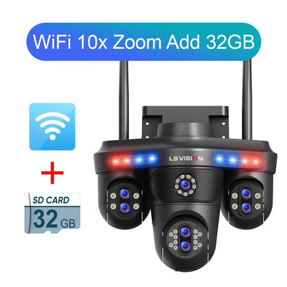 LS VISION 35MP 10X Zoom Four Screens WiFi IP Camera Wireless Outdoor Seven Lens Three PTZ Camera Auto Tracking Security Camera